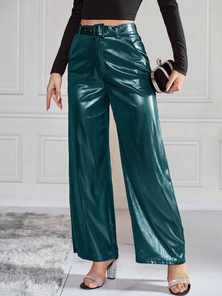 CM-BS923179 Women Elegant Seoul Style High Waist Belted Metallic Wide Leg Pants - Teal Blue