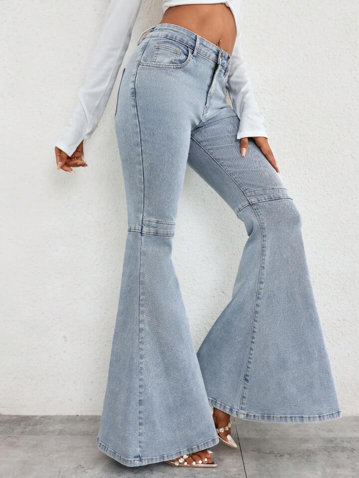 CM-BS254351 Women Casual Seoul Style Light Wash Slant Pocket Skinny Flare Leg Jeans