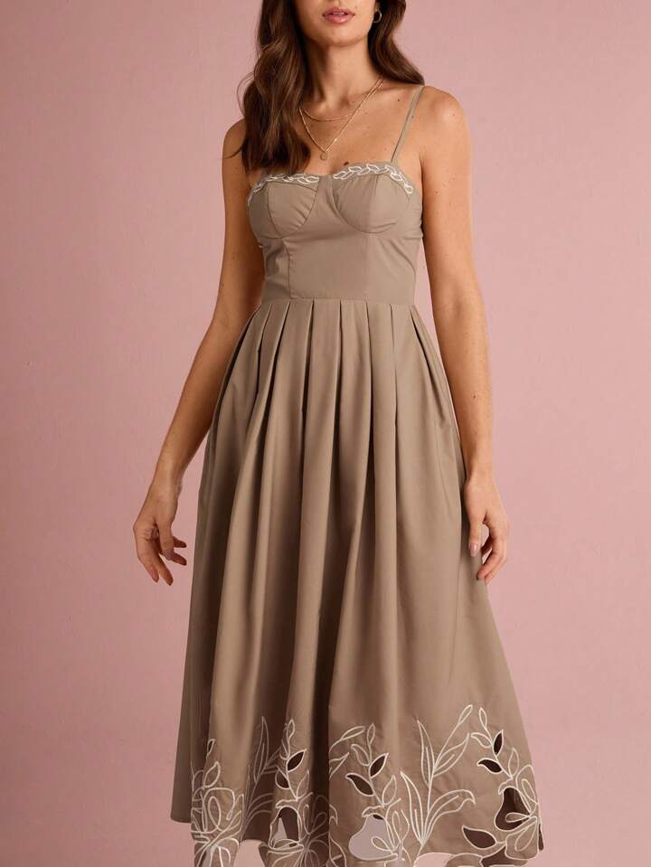 CM-DS616131 Women Trendy Bohemian Style Spaghetti Strap Hollow-Out Embroidery Slip Midi Dress