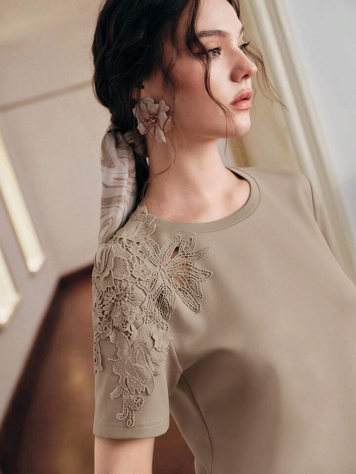 CM-TS777949 Women Elegant Seoul Style Round Neck Short Sleeve Lace Patchwork 3D Embroidered Floral Knit T-Shirt - Khaki