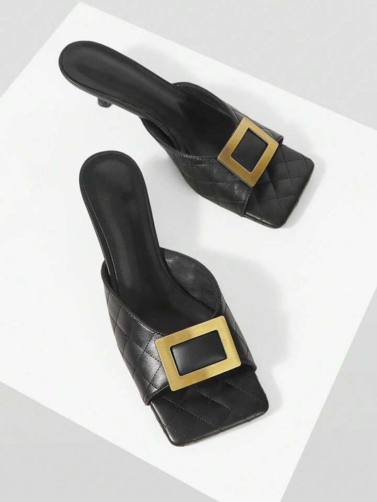 CM-SHS060912 Women Trendy Seoul Style Colorblock Square Toe High Heel Sandals - Black