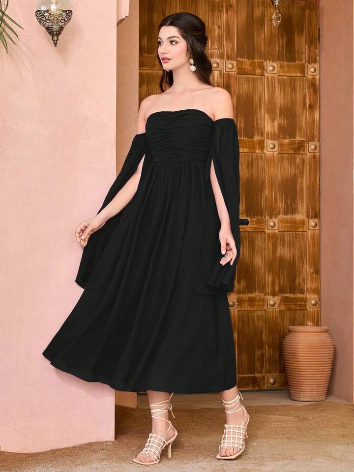 CM-DS339295 Women Elegant Seoul Style Pleated One Shoulder Slit Sleeve Maxi Dress - Black