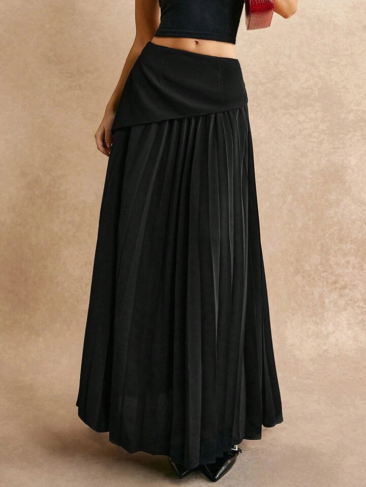 CM-BS137111 Women Elegant Seoul Style High Waist Asymmetric Pleated A-Line Skirt - Black