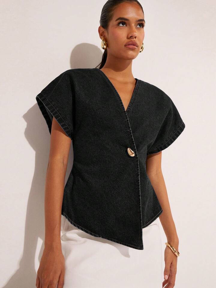 CM-TS592827 Women Casual Seoul Style Single-Button V-Neck Batwing Sleeve Denim Blouse - Black