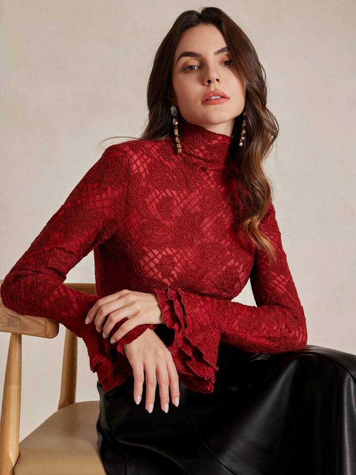 CM-TS428123 Women Elegant Seoul Style Stand Collar Long Sleeve Ruffle Cuff Fitted Crochet Blouse - Red