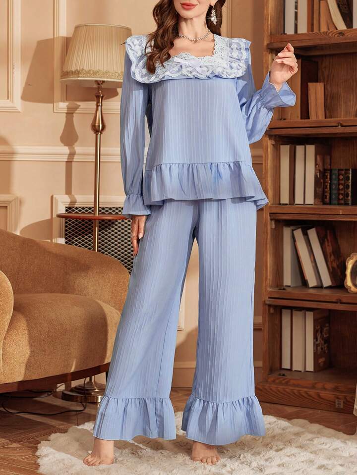 CM-LS389052 Women Trendy Seoul Style Lace Patchwork Turndown Collar Long Sleeve Loose Pajama Set - Blue
