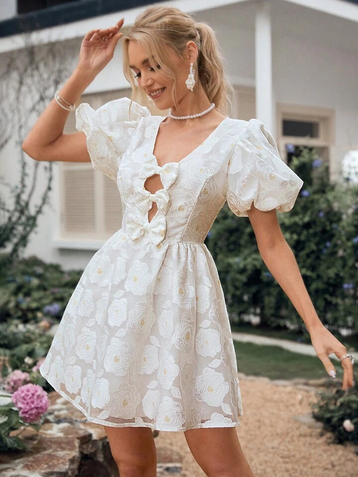 CM-DS860852 Women Elegant Seoul Style V-Neck Short Sleeve Hollow Out Butterfly Knot Dress - White