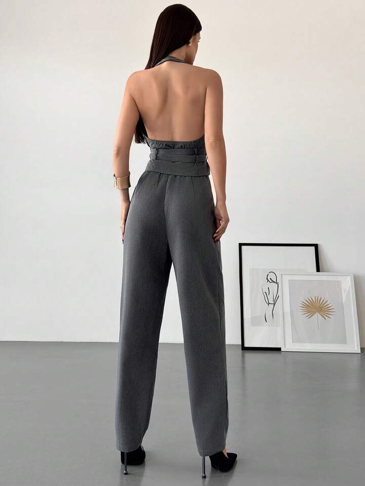 CM-SS112354 Women Elegant Seoul Style Halter Deep V Wrap Metal Buckle Open Back Skinny Camisole With Long Skirt - Set