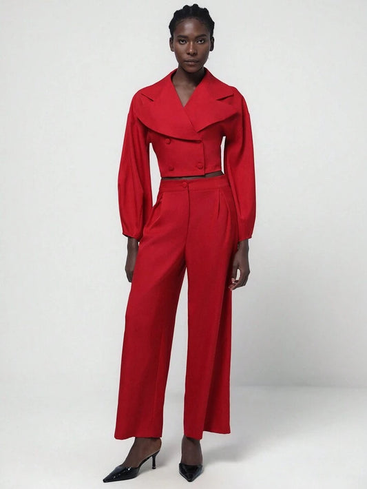 CM-SS109118 Women Elegant Seoul Style Lapel Neckline Lantern Sleeve Crop Blazer With Pants Suit - Red