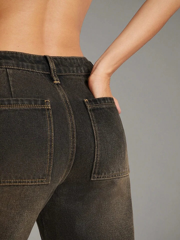 CM-BS159999 Women Casual Seoul Style Ruched Hem Tinted Utility Wide Leg Denim Jeans