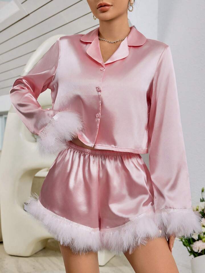 CM-LS176068 Women Trendy Seoul Style Satin Contrast Faux Fur Pajamas Set - Pink