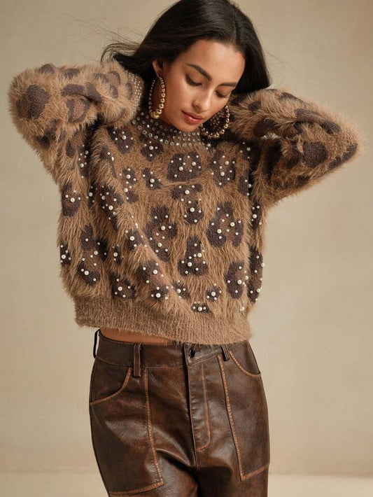 CM-CS833401 Women Casual Seoul Style Leopard Print Embellished Studded Fluffy Knit Sweater