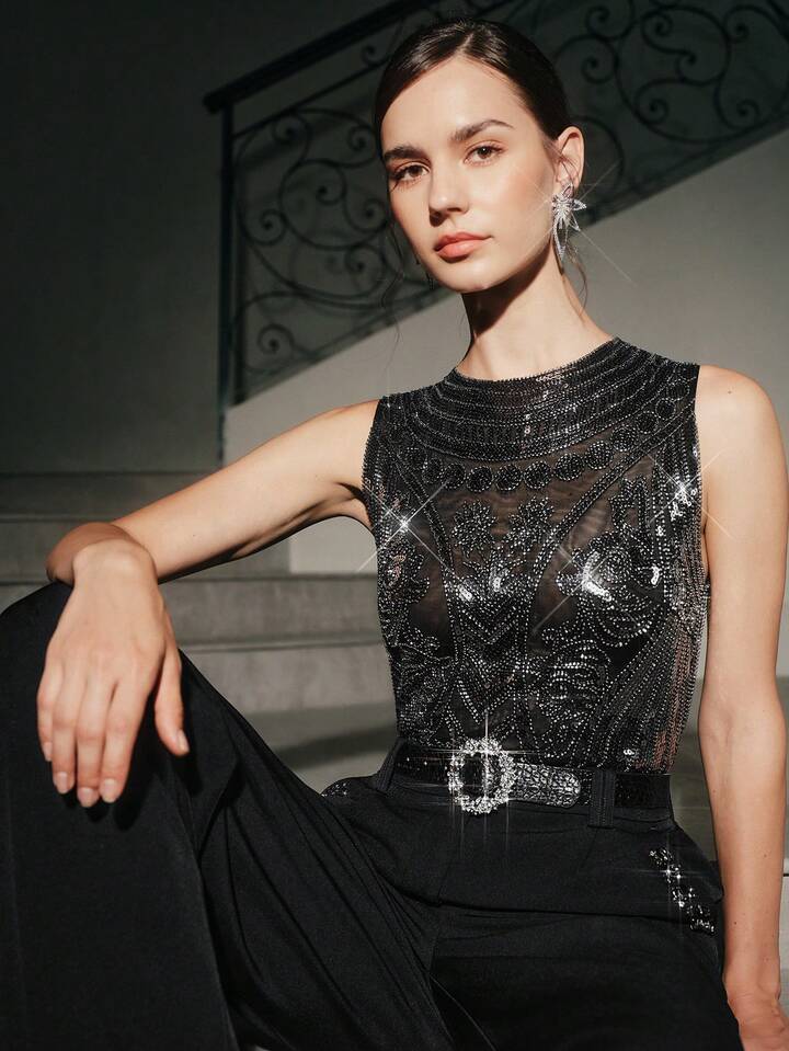 CM-TS151636 Women Elegant Seoul Style Stand Collar Sleeveless Slim Fit Beaded Vest Top - Black