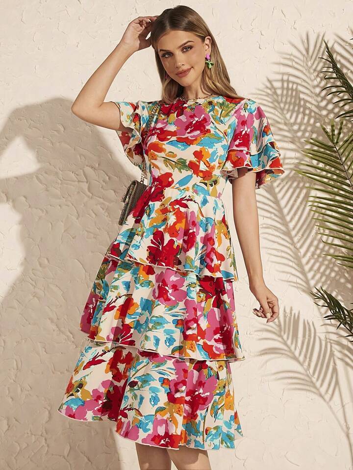 CM-DS181158 Women Trendy Bohemian Style Floral Print Ruffle Hem Tiered A-Line Dress