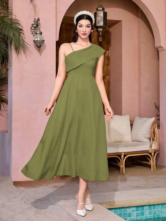 CM-DS676185 Women Elegant Seoul Style Asymmetrical Neckline Sleeveless Dress - Green