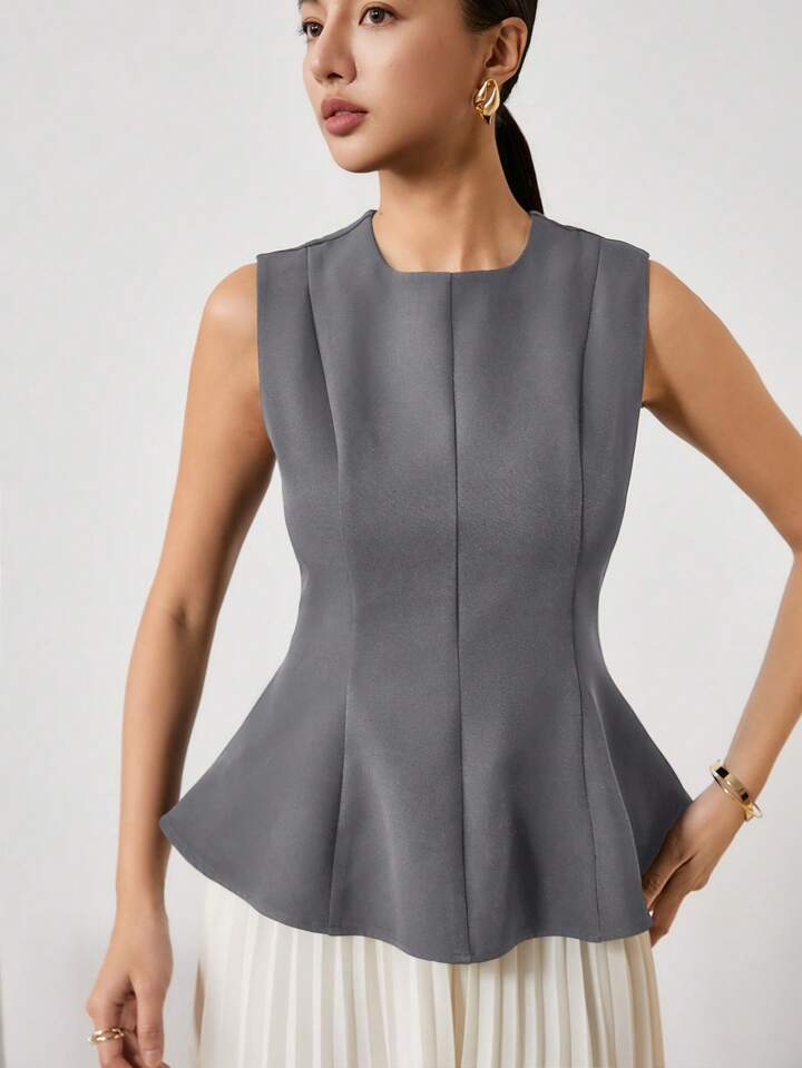 CM-TS122550 Women Elegant Seoul Style Solid Color Crew Neck Sleeveless Pleated Slim Fit T-Shirt - Dark Gray