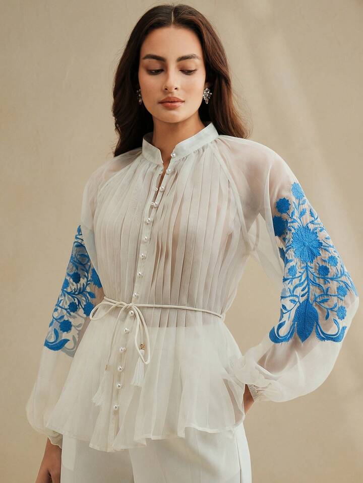 CM-TS691861 Women Elegant Seoul Style Stand Collar Long Sleeve Pleated Embroidered Tie Waist Blouse - Beige