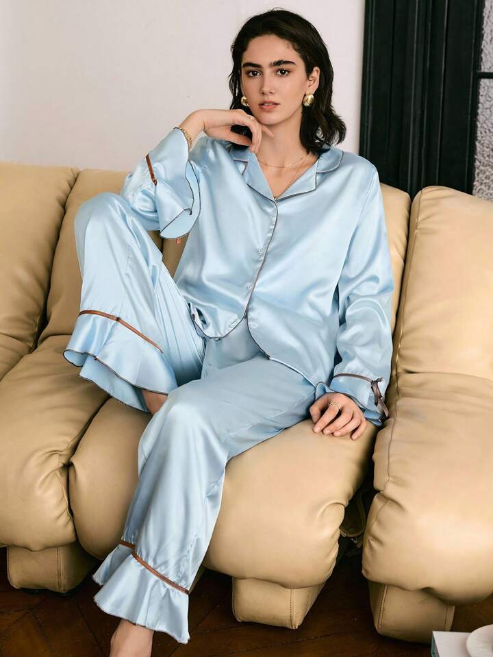 CM-LS071247 Women Trendy Seoul Style Ruffle Splicing Contrast Bow Satin Loungewear Set - Blue