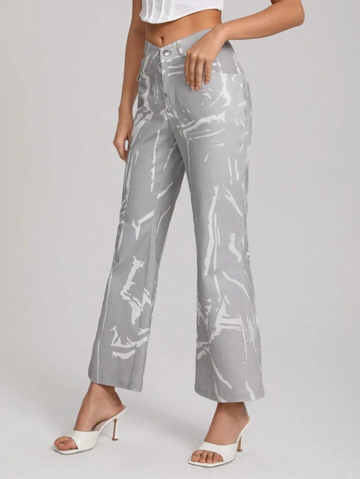 CM-BS439183 Women Casual Seoul Style Graphic Print Cut Out Waist Flare Leg Pants - Gray