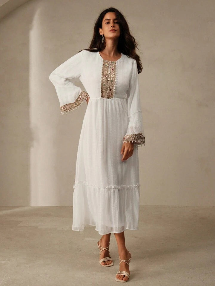 CM-DS694836 Women Trendy Bohemian Style Tie Neck Embroidered Beaded A-Line Dress - White
