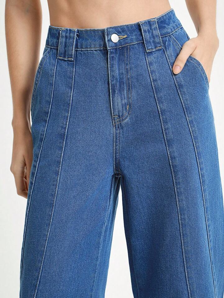 CM-BS080566 Women Casual Seoul Style Medium Wash High Waist Diagonal Split Straight Leg Denim Pants