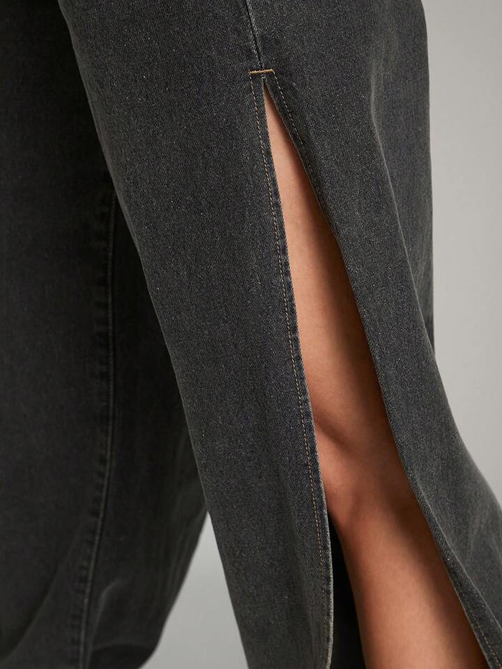 CM-BS422202 Women Casual Seoul Style Side Slit Tie High Waist Wide Leg Denim Jeans