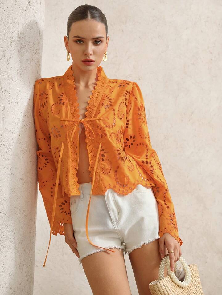 CM-TS187735 Women Trendy Bohemian Style Bowknot Tie Frayed Hem Embroidered Loose Long Sleeve Blouse - Orange