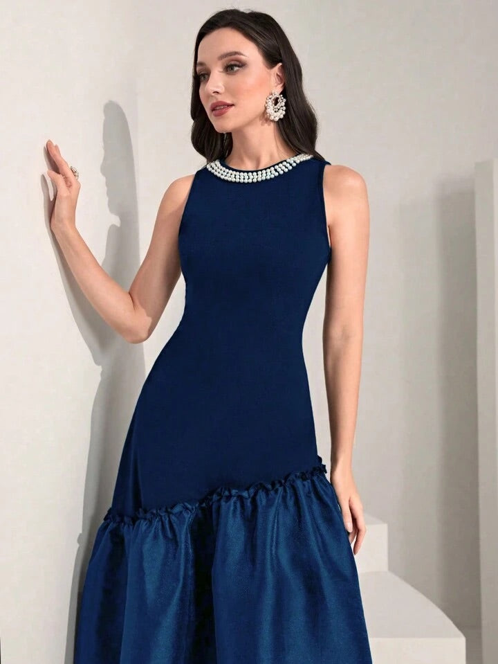 CM-DS710500 Women Elegant Seoul Style Sleeveless Pearls Beaded Ruffle Hem Dress - Royal Blue