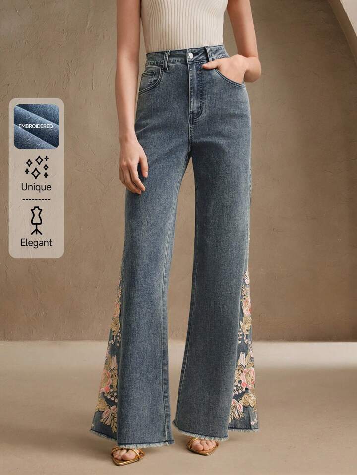 CM-BS720720 Women Elegant Seoul Style Floral Embroidered High Waist Wide Leg Denim Jeans - Blue