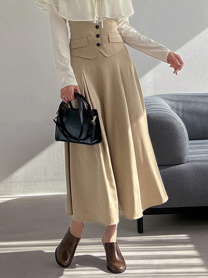 CM-BS000500 Women Trendy Bohemian Style High Waist Button Detail Skirt - Khaki