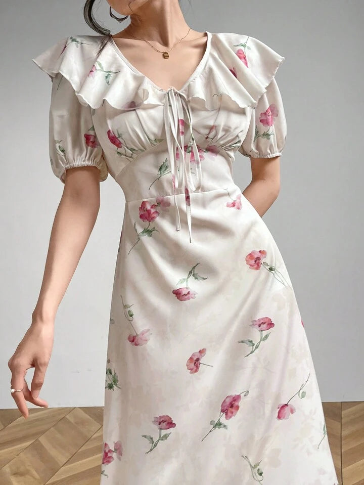 CM-DS767606 Women Casual Seoul Style V-Neck Puff Sleeve Ruffle Hem Floral Print Dress
