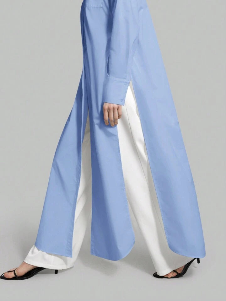 CM-TS815753 Women Casual Seoul Style Shirt Collar Long Sleeve Front Button High Slit Long Shirt - Blue