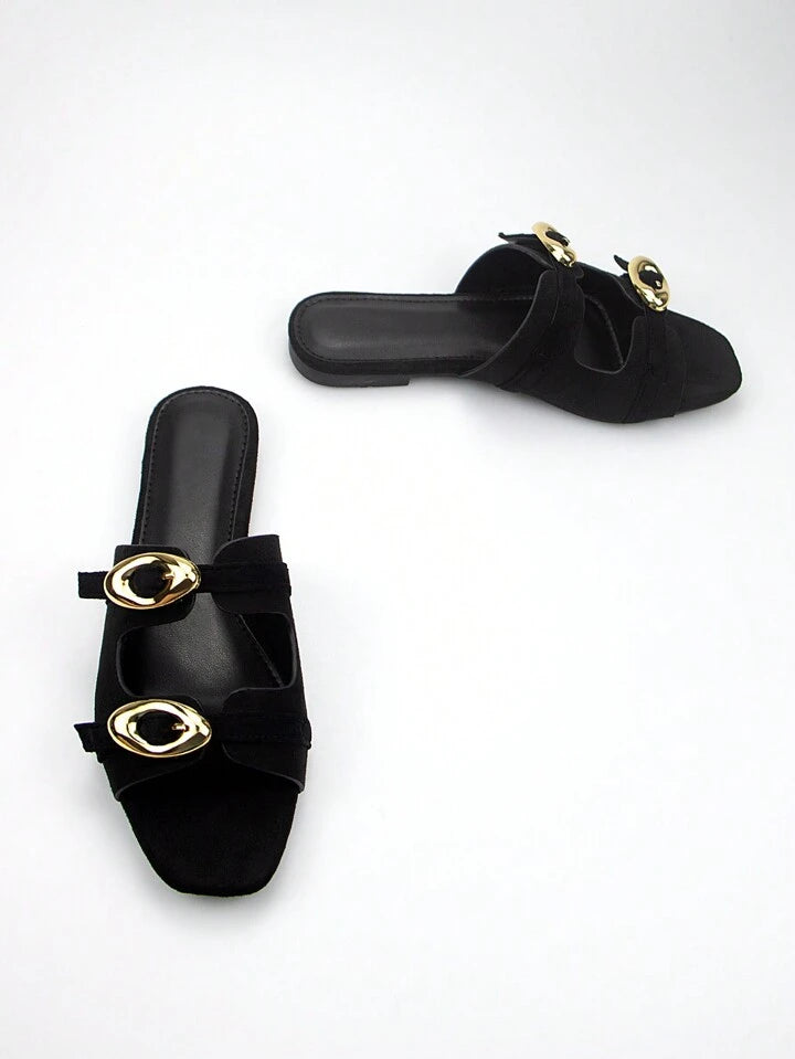 CM-SHS918088 Women Trendy Seoul Style Suede Square Toe Golden Buckle Decor Flat Mules With Adjustable Strap - Black