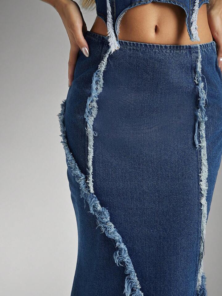 CM-BS199353 Women Casual Seoul Style Frayed Lace Detail Distressed Hem Denim Mermaid Skirt