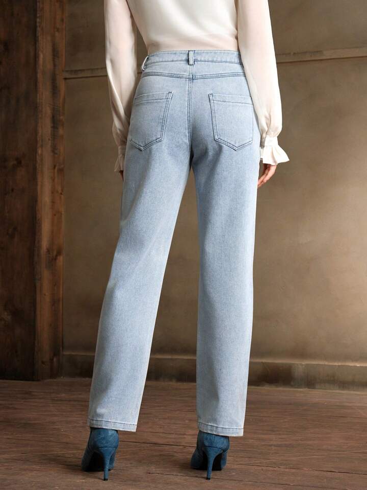 CM-BS637360 Women Casual Seoujl Style Light Wash Rhinestone Pockets Straight Leg Jeans