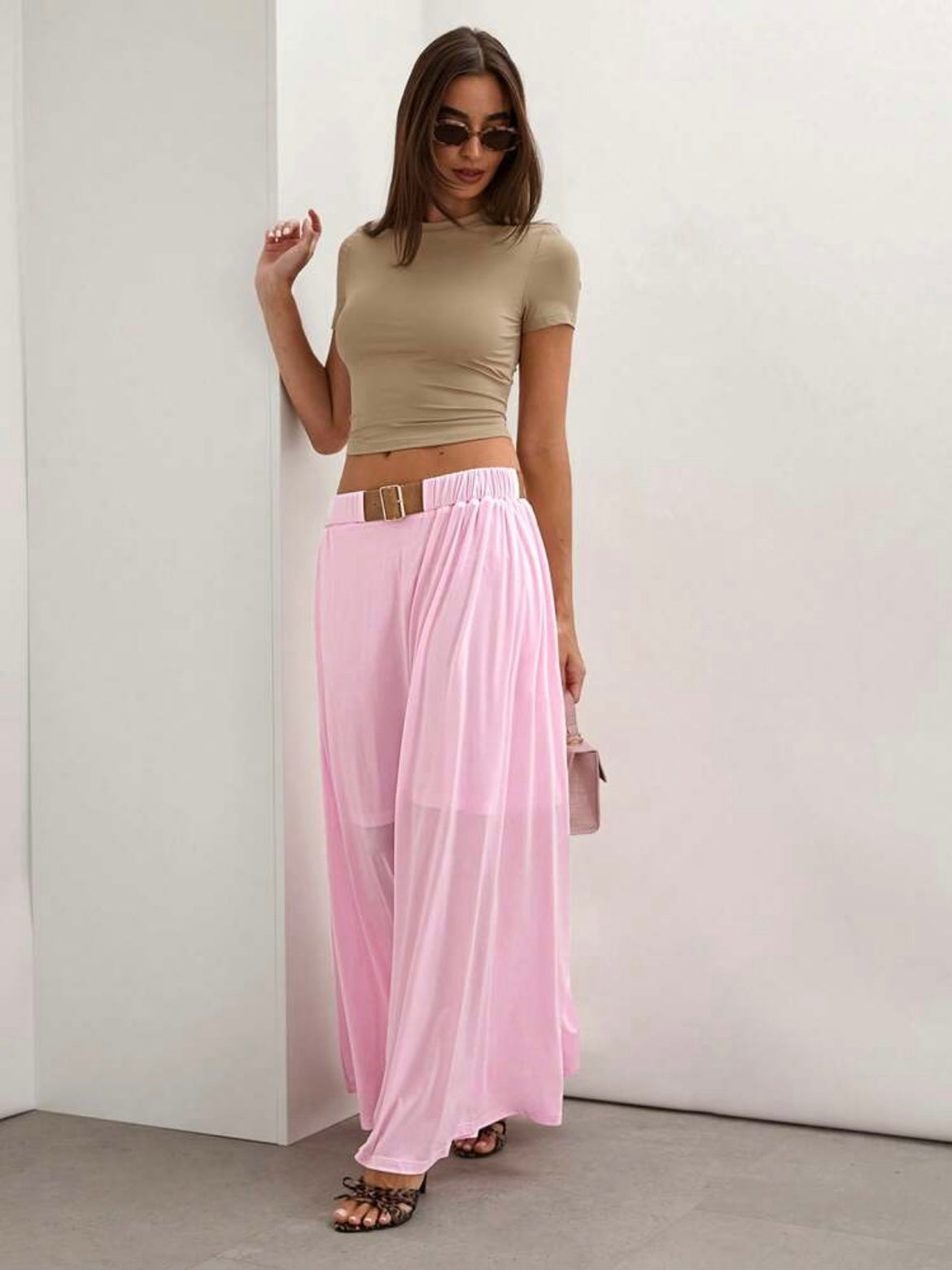 CM-BS232626 Women Trendy Bohemian Style Solid Color Waistband Flared Maxi Skirt - Baby Pink