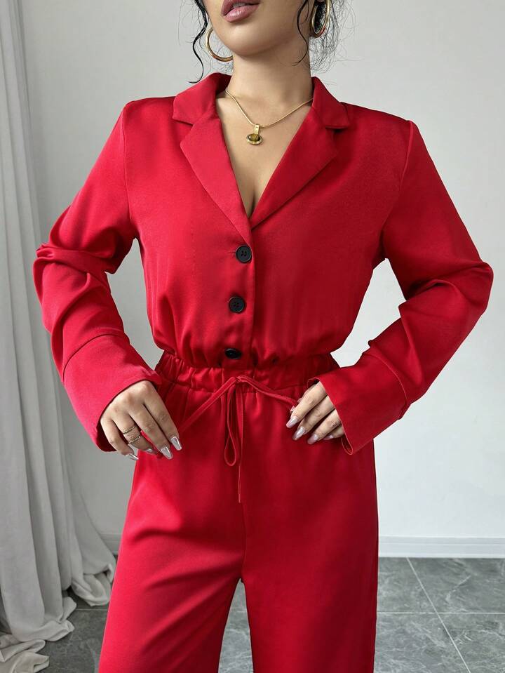 CM-JS417813 Women Elegant Seoul Style V-Neck Long Sleeve High Waist Jumpsuit - Red