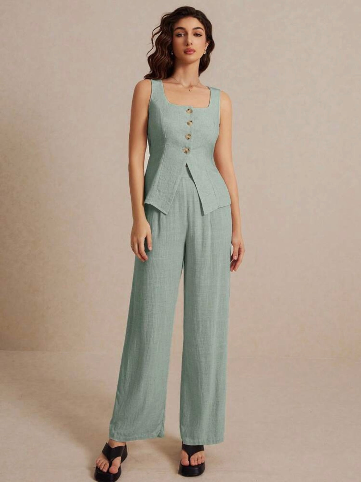 CM-SS607027 Women Casual Seoul Style Metal Button Embellishment Split Square Neck Sleeveless Vest With Pants - Set