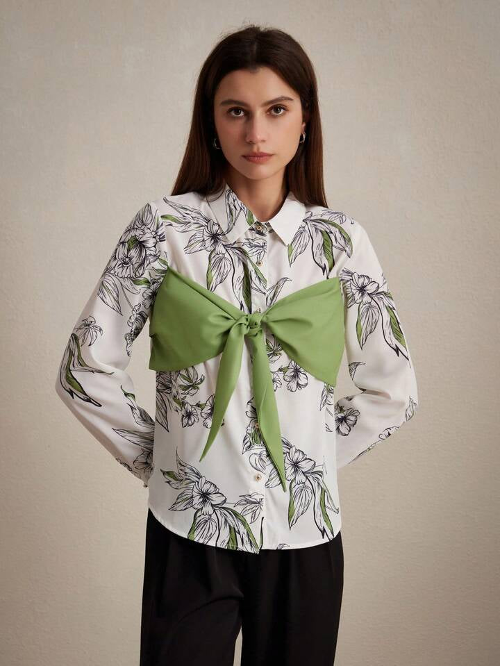 CM-TS881728 Women Casual Seoul Style Random Printed Bow-Tie Long Sleeve Shirt