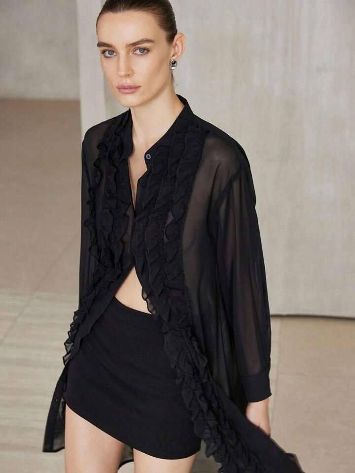 CM-TS498068 Women Casual Seoul Style Chiffon Sheer Ruffle Hem Design Multi-Layer Flowing Long Sleeve Blouse