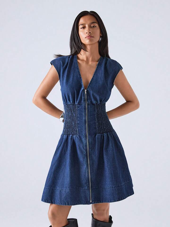 CM-DS498889 Women Casual Seoul Style V-Neck Barwing Sleeve High Waist A-Line Denim Dress - Blue