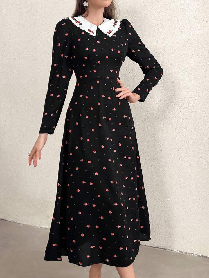 CM-DS722228 Women Casual Seoul Style Peter Pan Collar Long sleeve Floral Print Maxi Dress - Black