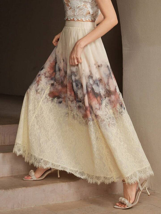 CM-BS999157 Women Elegant Seoul Style Mid Waist Contrast Lace Printed Flared Chiffon Maxi Skirt