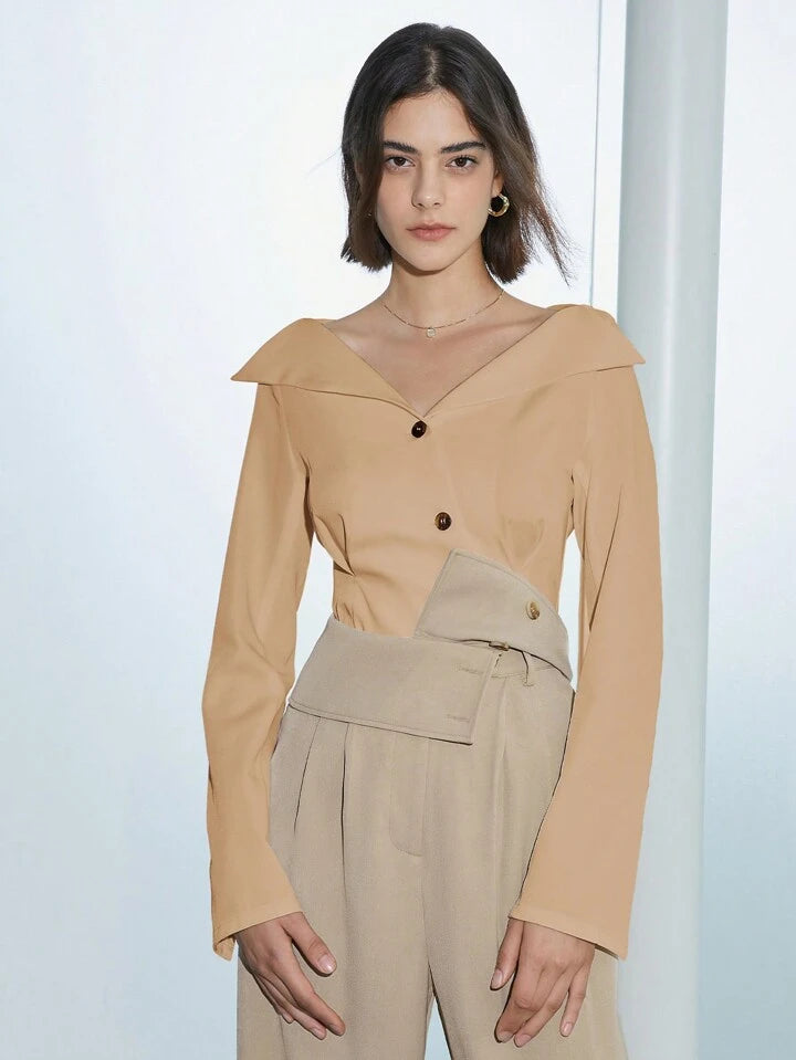 CM-TS767698 Women Elegant Seoul Style V-Neck Solid Color Long Sleeve Shirt - Khaki