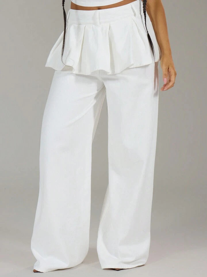 CM-BS657356 Women Casual Seoul Style Layered Pleated Skirt Over Wide Leg Jeans