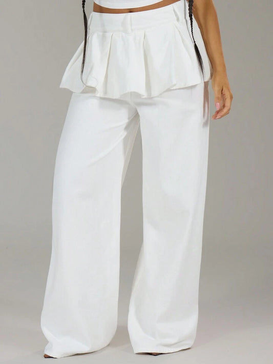 CM-BS657356 Women Casual Seoul Style Layered Pleated Skirt Over Wide Leg Jeans