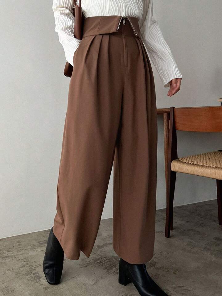 CM-BS214150 Women Casual Seoul Style Loose Wide Leg Pants With Pockets - Brown