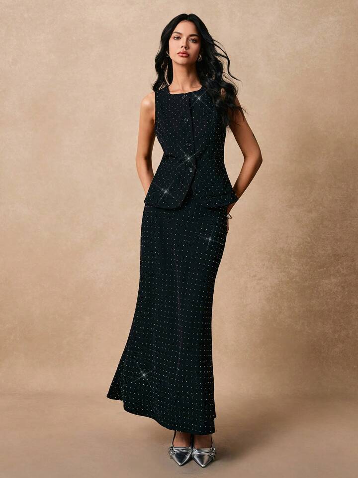 CM-SS282041 Women Elegant Seoul Style Front Buttoned Sleeveless Top With Long Skirt - Set