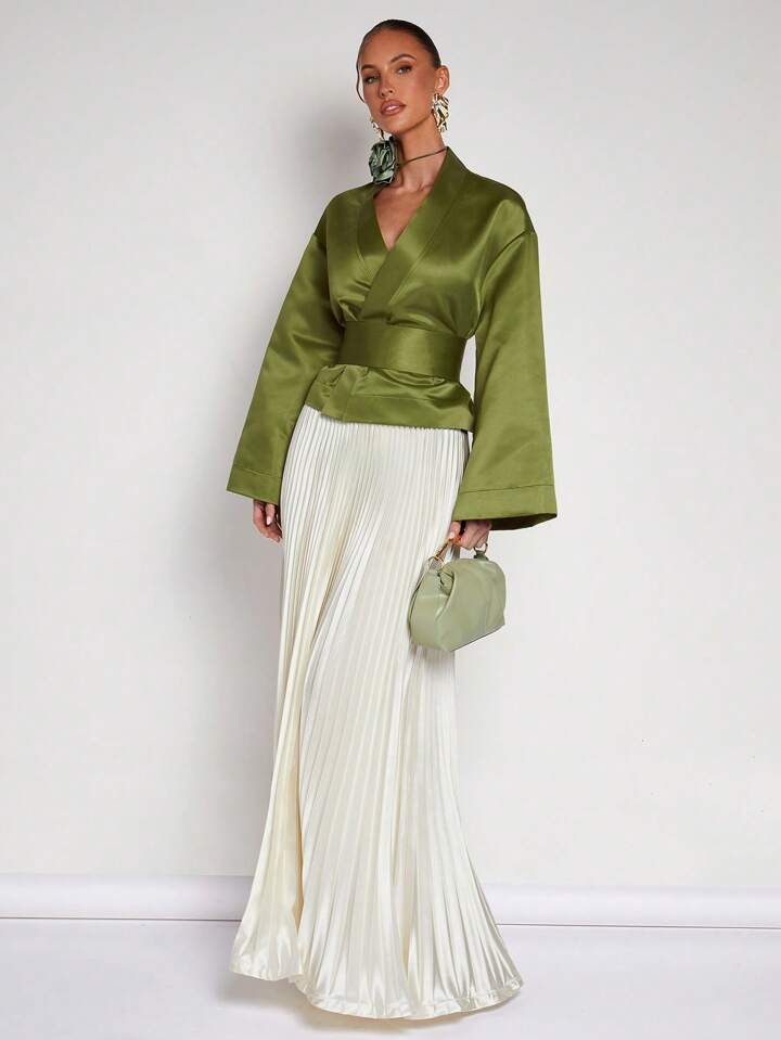 CM-TS808575 Women Elegant Seoul Style Solid Color V-Neck Wrap Flared Sleeve Blouse - Green