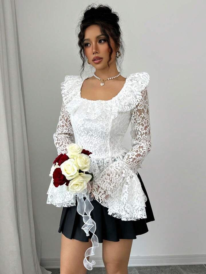CM-TS158537 Women Elegant Seoul Style Square Neck Ruffled Floral Lace Flare Sleeve Blouse - White